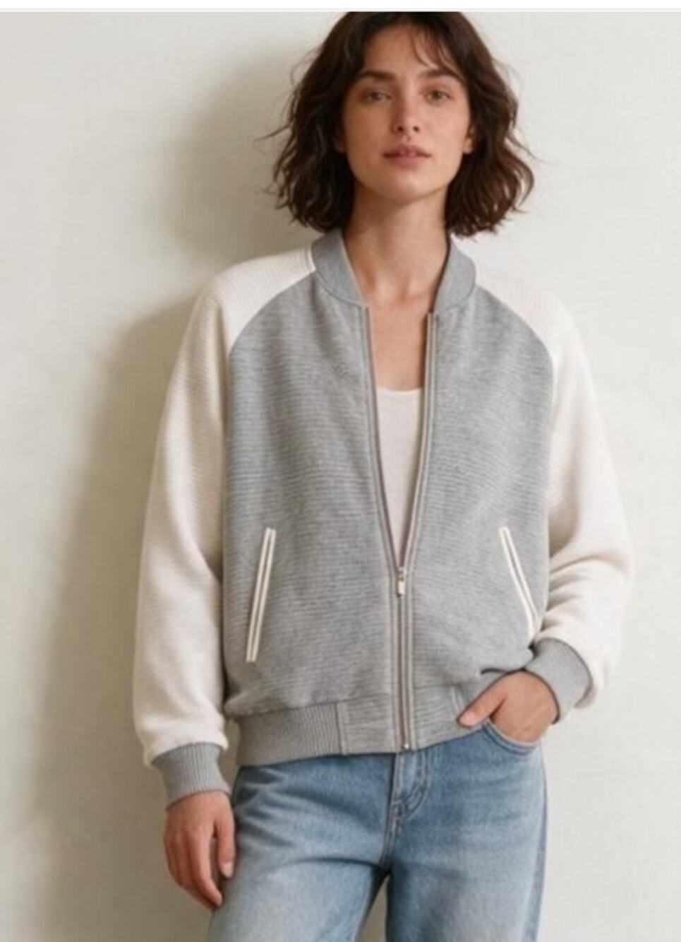 Mustard Seed Gray White Full Zip Varsity Stadium Jacket Women Sz S Athleisure